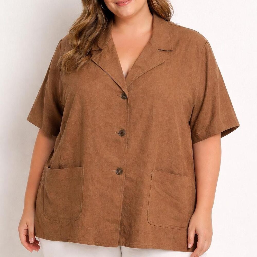 Linen Shacket Blazer Top Brown Short Sleeve Plus Sz 22W XXL Minimalist Business